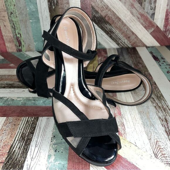 Beautifeel Women’s Black Suede Nude Mesh Velcro Straps EUC Anti-Slip Bottm 9-9.5 - Picture 1 of 11
